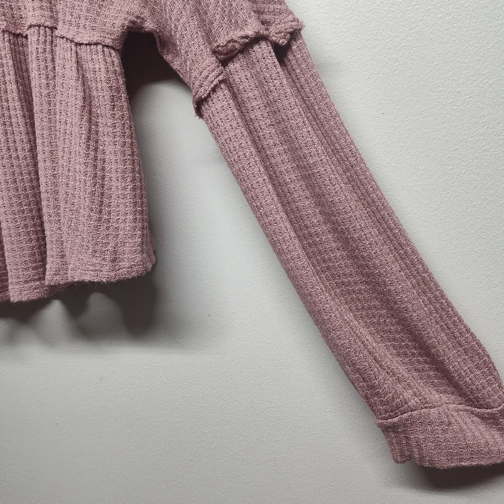 Altar'd State Crop Top Women Size S Pink Waffle Knit Long Sleeve Ruffle